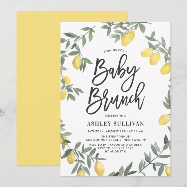 Boho Watercolor Lemon Wreath Baby Showbrunch Einladung (Vorne/Hinten)