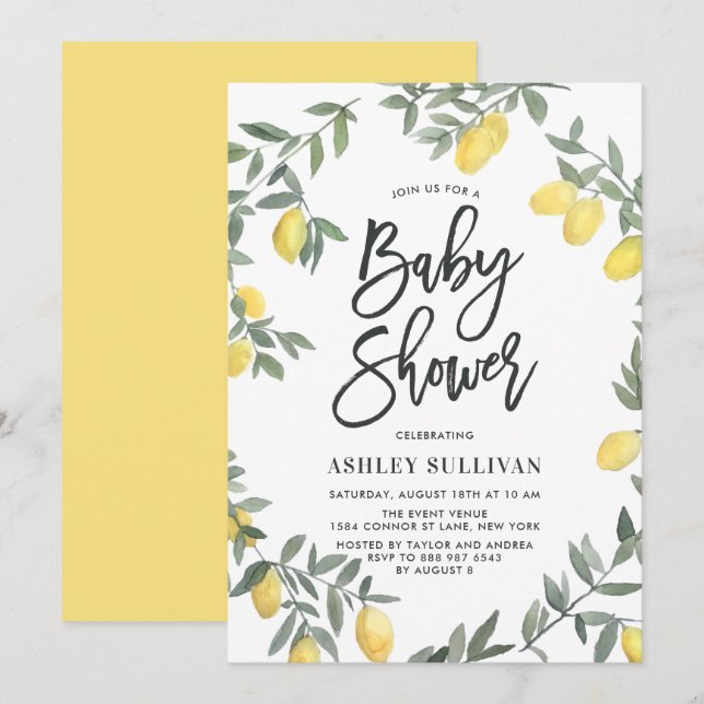 Boho Watercolor Lemon Wreath Baby Shower Einladung (Vorne/Hinten)