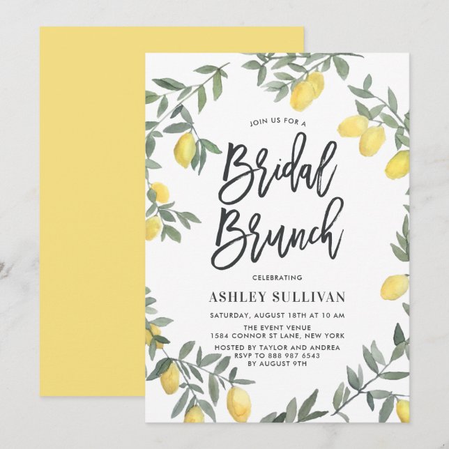 Boho Watercolor Lemon Wreath Bridal Brunch Einladung (Vorne/Hinten)