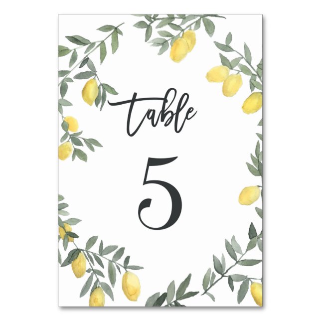 Boho Watercolor Lemon Wreath Table 5 Tischnummer (Vorderseite)