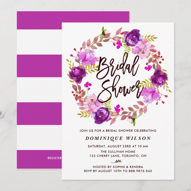 Boho Watercolor Lila Blumenkranz-Brautparty Einladung (Vorne/Hinten)