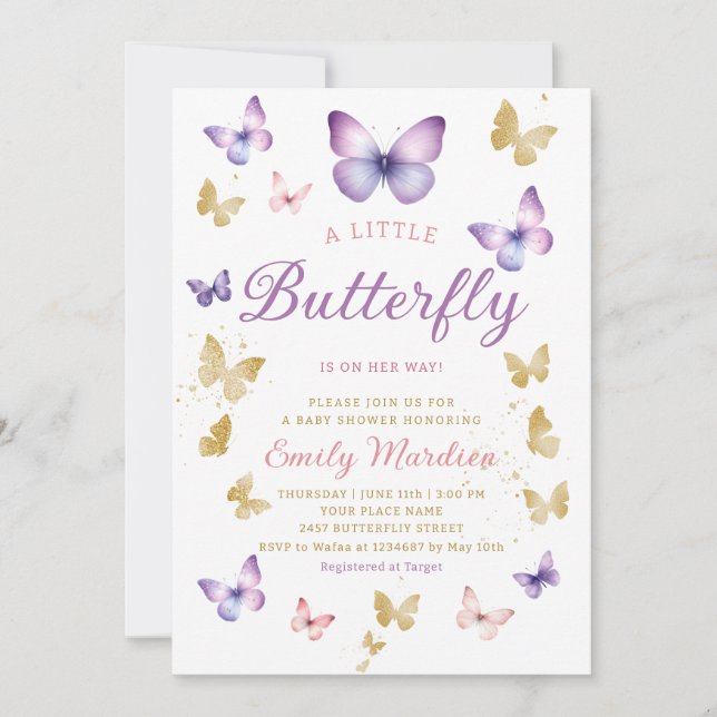 Boho Watercolor lila Butterfly Girl Babydusche Einladung (Vorderseite)