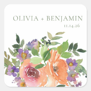 Boho Watercolor Lila Orange Floral Wedding Names Quadratischer Aufkleber