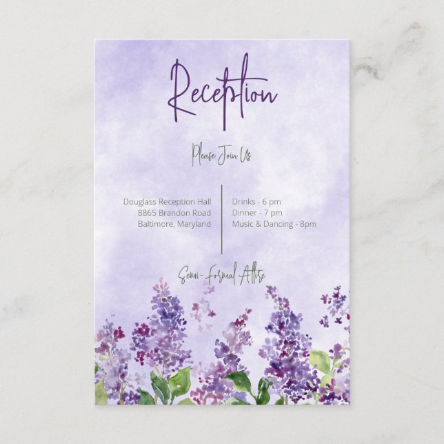 Boho Watercolor Lilac Blume Empfang Hochzeit Begleitkarte (Vorderseite)
