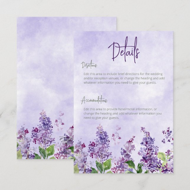 Boho Watercolor Lilac Blume Hochzeiten Details Begleitkarte (Vorne/Hinten)