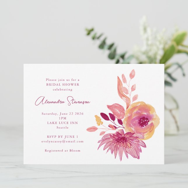 Boho Watercolor Magenta Red Blume Brautparty Einladung (Stehend Vorderseite)