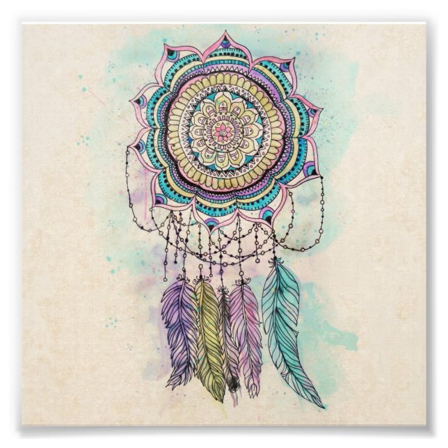 Boho Watercolor Mandala Dreamcatcher Fotodruck (Vorne)