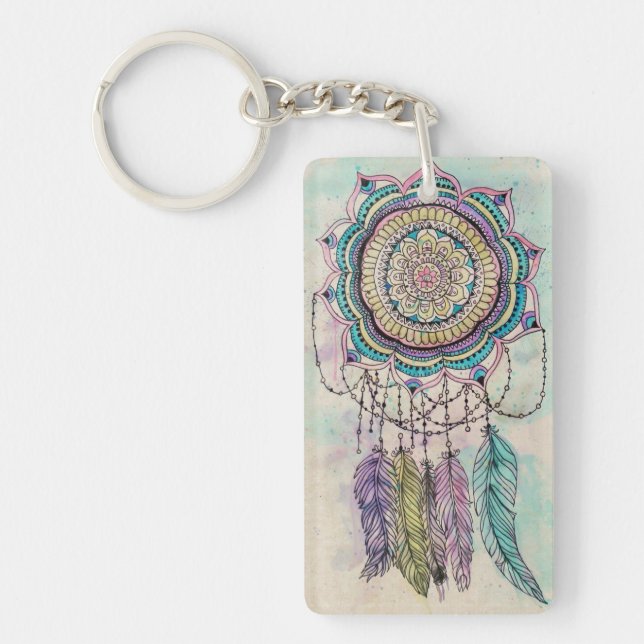 Boho Watercolor Mandala Dreamcatcher Schlüsselanhänger (Vorderseite)