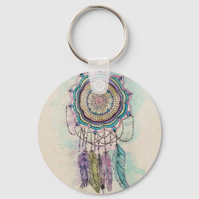 Boho Watercolor Mandala Dreamcatcher Schlüsselanhänger (Vorderseite)