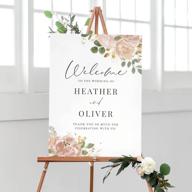 Boho Watercolor Mauve Peach Blume Hochzeit Poster (Boho Watercolor Mauve Peach Flowers Wedding Welcome Sign)