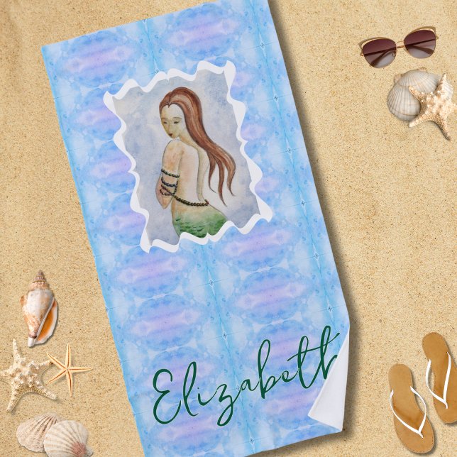 Boho Watercolor Mermaid Personalized Strandtuch (Von Creator hochgeladen)