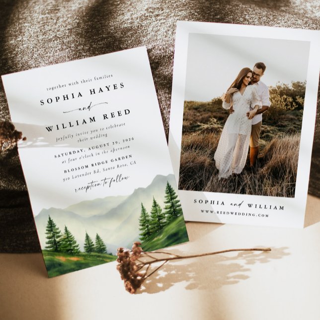Boho Watercolor Mountain Wedding Einladung (Von Creator hochgeladen)