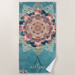 Boho Watercolor Nebula Gold Blume Mandala Yogi Strandtuch