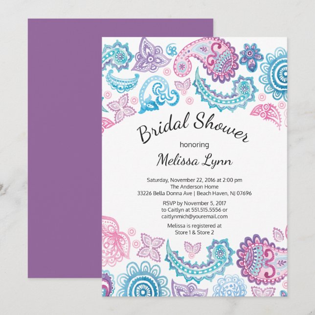 Boho Watercolor-Paisley-Muster-Brautparty Einladung (Vorne/Hinten)