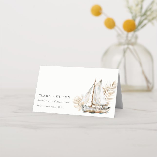 Boho Watercolor Palm Sailboat Seascape Wedding Platzkarte (Vorderseite)
