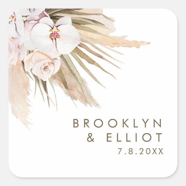 Boho Watercolor Pampas Grass Gastgeschenk Hochzeit Quadratischer Aufkleber (Vorderseite)