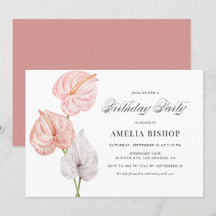 Boho Watercolor Pink Anthuriums Tropical Birthday Einladung