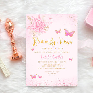 Boho Watercolor Pink Butterfly Girl Babydusche Einladung