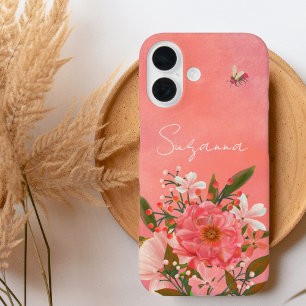 Boho Watercolor Pink Coral Florals Script Name iPhone 16 Hülle