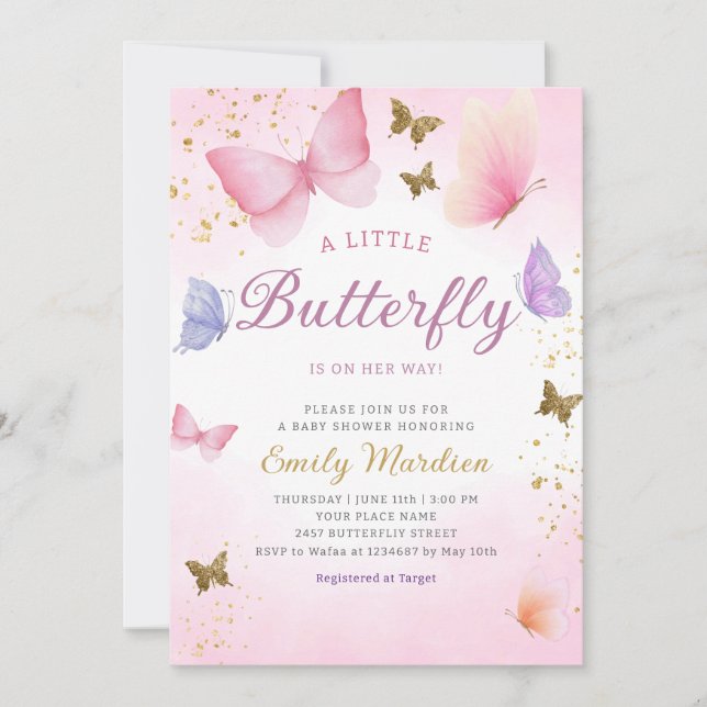 Boho Watercolor Pink Girl Butterfly Babydusche Einladung (Vorderseite)