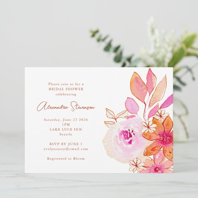 Boho Watercolor Pink Orange Blume Brautparty Einladung (Stehend Vorderseite)