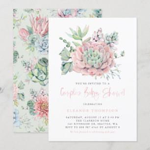 Boho Watercolor Pink Pastel Succulents Babydusche Einladung