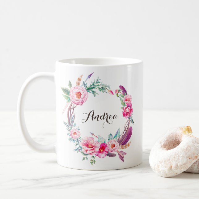 Boho Watercolor Pink Peonies Blumenreath Kaffeetasse (Mit Donut)
