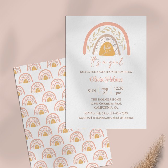 Boho Watercolor Pink Rainbow Baby Dusche Einladung (Boho Watercolor Pink Rainbow Baby Shower Invitation on a pale pink table.)