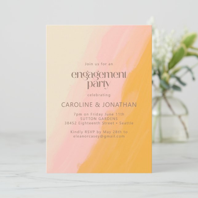 Boho Watercolor Pink Yellow Engagement Party Einladung (Stehend Vorderseite)