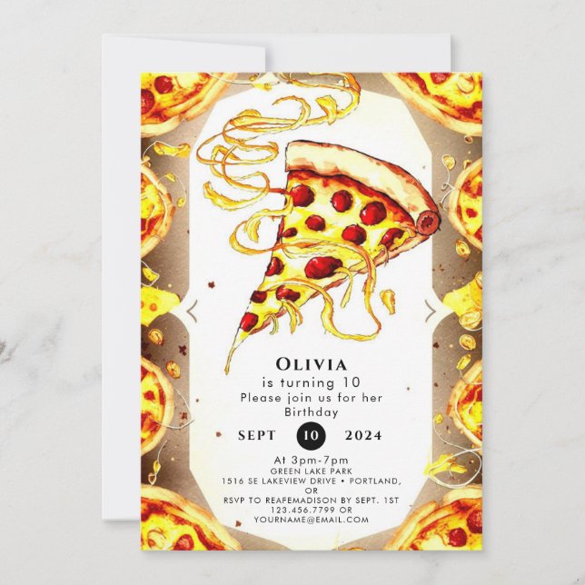 Boho Watercolor Pizza Birthday Einladung (Vorderseite)