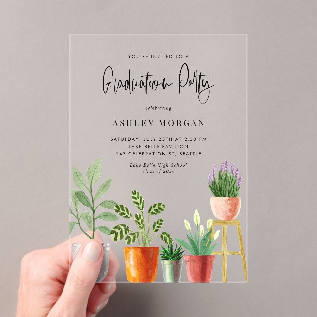 Boho Watercolor Potcolor Houseplant Abschluss Acryleinladungen (Insitu (Handheld))
