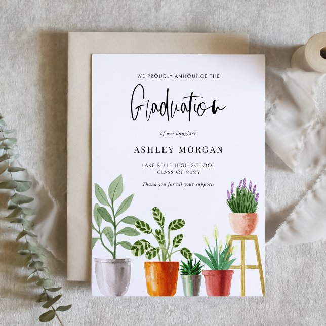 Boho Watercolor Potcolor Houseplant Abschluss Ankündigung (Customizable boho graduation announcement featuring watercolor potted houseplants. )