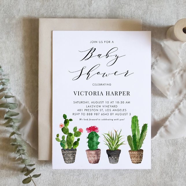 Boho Watercolor Potted Cactus Summer Baby Shower Einladung (Von Creator hochgeladen)
