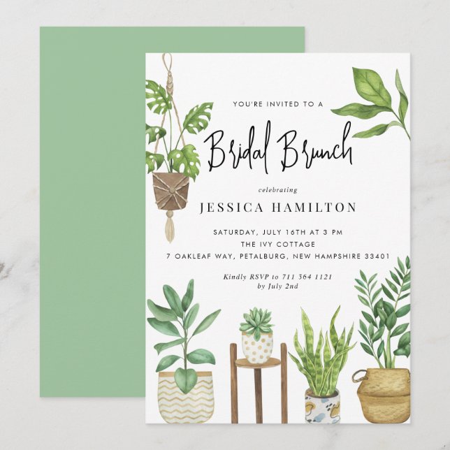 Boho Watercolor Potted Pflanze Bridal Brunch Einladung (Vorne/Hinten)