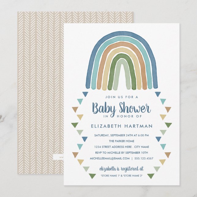 Boho Watercolor Rainbow Baby Dusche Blau Einladung (Vorne/Hinten)