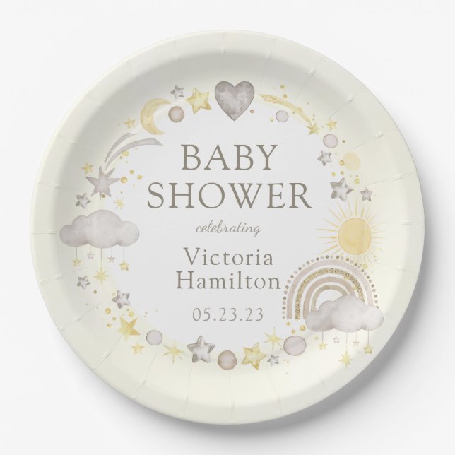 Boho Watercolor Rainbow Baby Dusche Pappteller (Vorderseite)