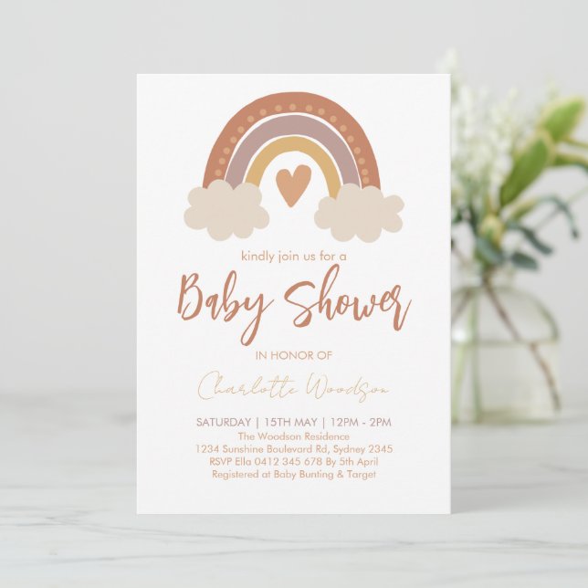 Boho Watercolor Rainbow Baby Shower Einladung (Stehend Vorderseite)