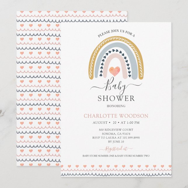 Boho Watercolor Rainbow Baby shower Invitation (Devant / Derrière)