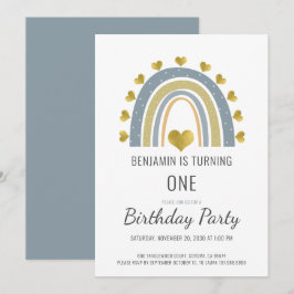 Boho Watercolor Rainbow Boy Blue Erster Geburtstag Einladung