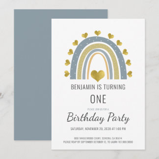 Boho Watercolor Rainbow Boy Blue Erster Geburtstag Einladung