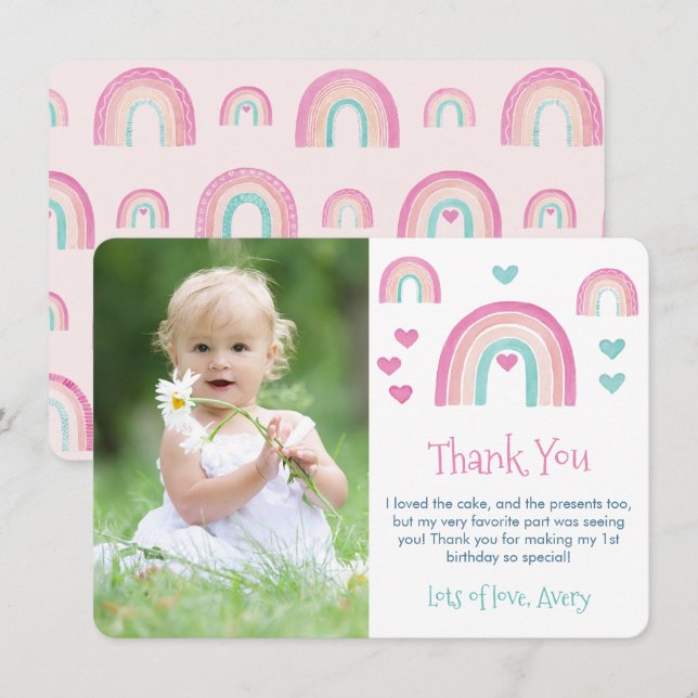 Boho Watercolor Rainbow Girl Birthday Picture Dankeskarte (Vorne/Hinten)
