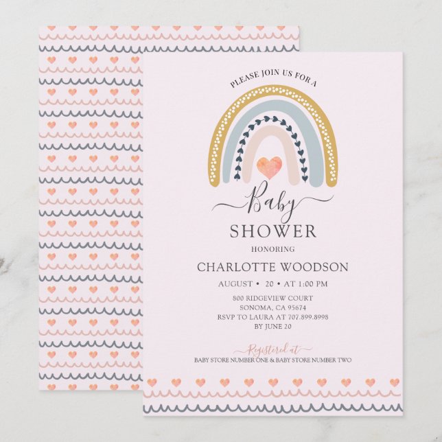 Boho Watercolor Rainbow Pink Baby Dusche Einladung (Vorne/Hinten)