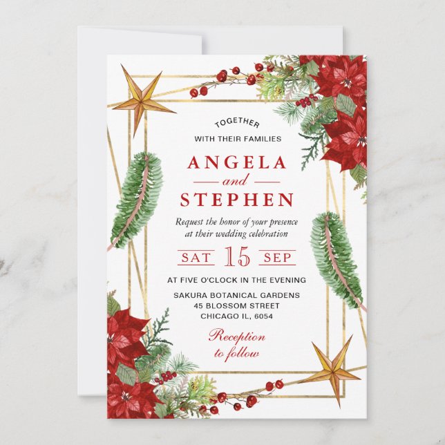 Boho Watercolor Red Poinsettia Winter Wedding Einladung (Vorderseite)