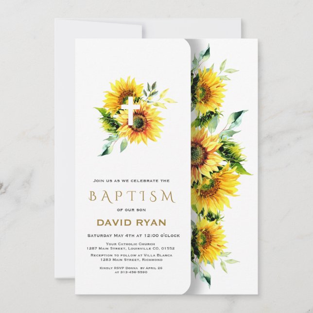 Boho Watercolor Sonnenblumen Cross Boy Taufe Einladung (Vorderseite)