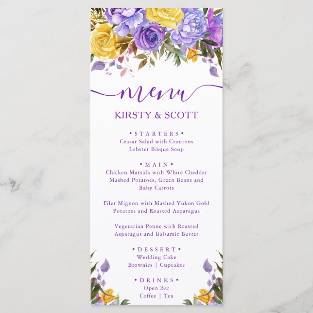 Boho Watercolor Spring Flowers Wedding Menu Menükarte (Vorderseite)