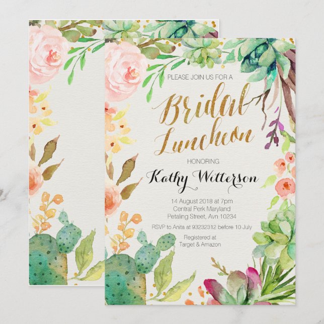 Boho Watercolor Succulents Bridal Luncheon laden Einladung (Vorne/Hinten)