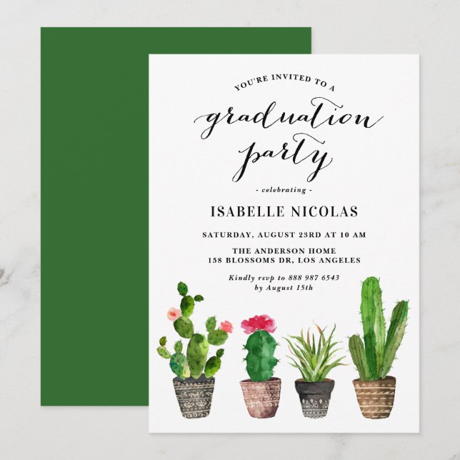 Boho Watercolor Succulents Graduation Party Einladung (Vorne/Hinten)