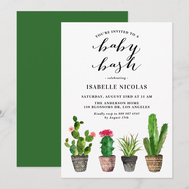 Boho Watercolor Succulents Summer Baby Showbash Einladung (Vorne/Hinten)