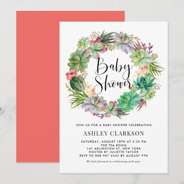 Boho Watercolor Succulents Wreath Baby Shower Einladung (Vorne/Hinten)
