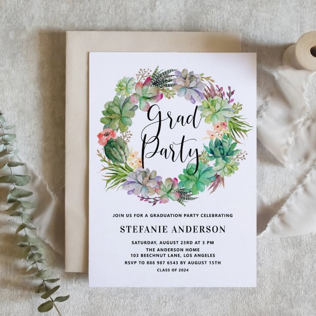 Boho Watercolor Succulents Wreath Graduation Party Einladung (Customizable boho graduation invitation featuring watercolor cactus and succulents wreath. )